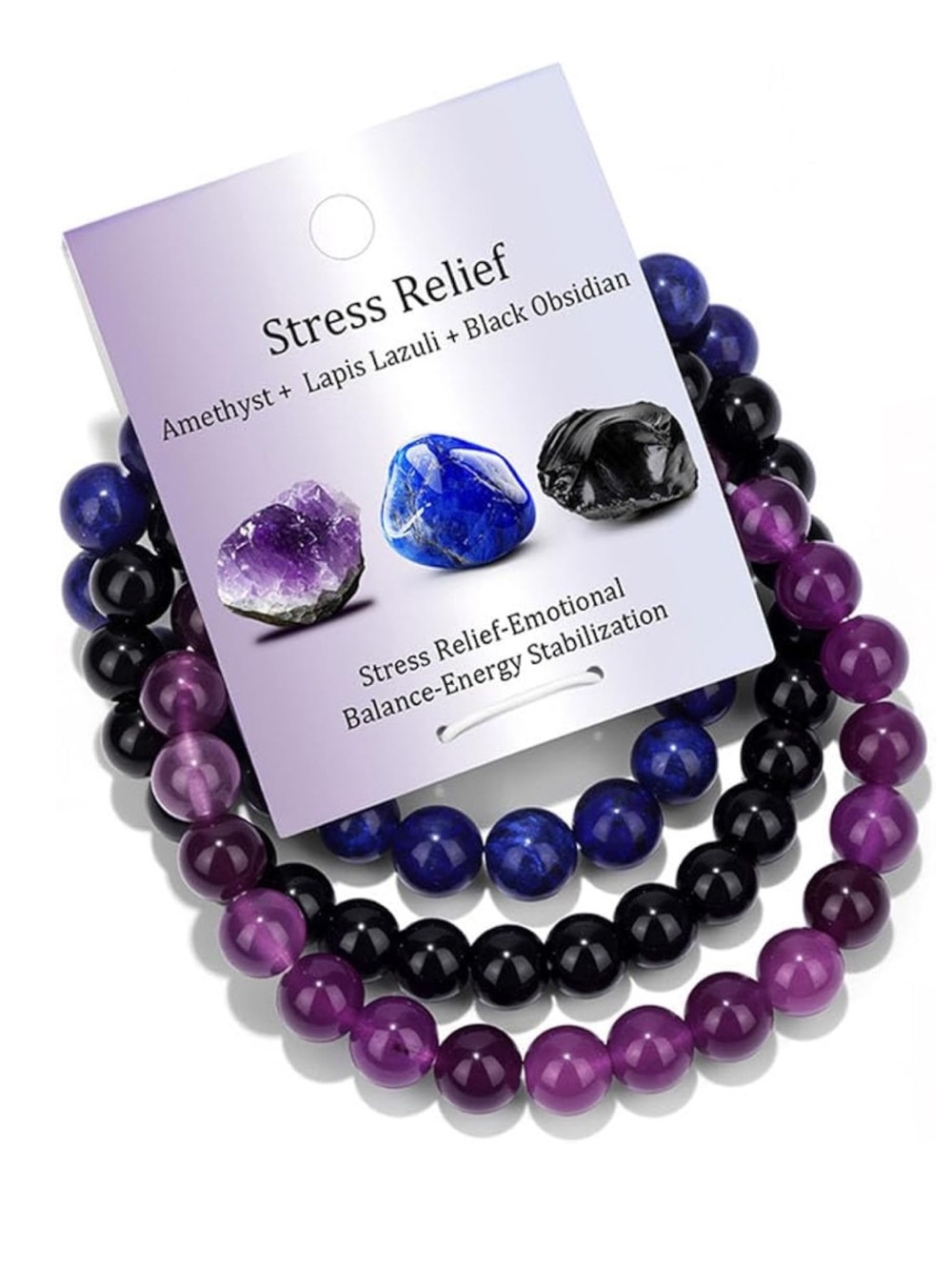 🆕New Stress Relief Gemstone Bracelet Set-Amethyst, Obsidian & Lapis Lazuli - Picture 9 of 9